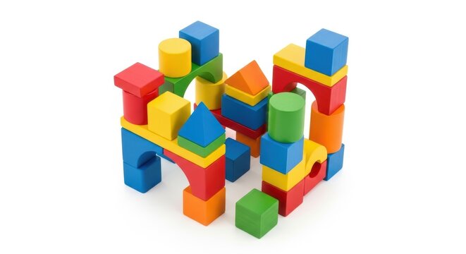 Colorful wooden building blocks castle construction on a white background showcasing a playful