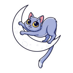 Whimsical Cat Moon Ride: A charming cartoon cat, with an endearing smile, playfully perches on a crescent moon, embodying a dreamlike fantasy in delightful simplicity.