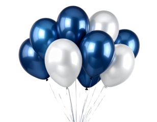Festive metallic blue and silver balloons for celebration isolated on transparent background PNG