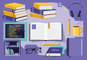 Study desk setup with books, coding tablet, notebook, coffee mug, glasses, headphones, pencils, learning materials, programming, education workspace