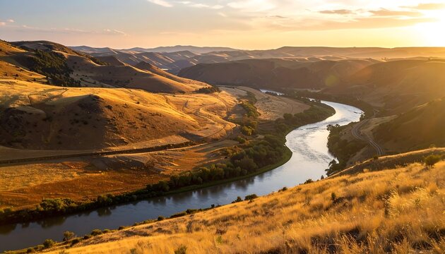 Golden river valley at sunset