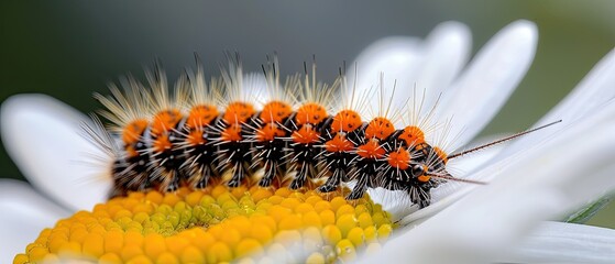 Fototapeta premium Macro capture of a vibrant caterpillar resting on a delicate white daisy flower nature photography