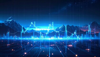 Futuristic Digital Financial Chart Overlaying Mountain Range Landscape Illustration