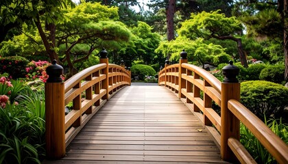 Obraz premium Wooden bridge in a serene garden