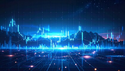 Futuristic Glowing Stock Market Chart with Mountains and Starry Sky