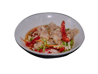 Thai spicy fish wonton salad, flavorful mix of spicy, sour, sweet, savory, delicious and colorful dish..