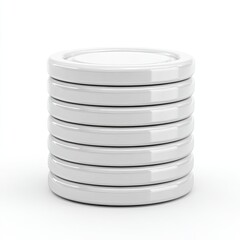 Obraz premium A stack of ten smooth, white, cylindrical discs, possibly poker chips or tokens, sits on a plain white background