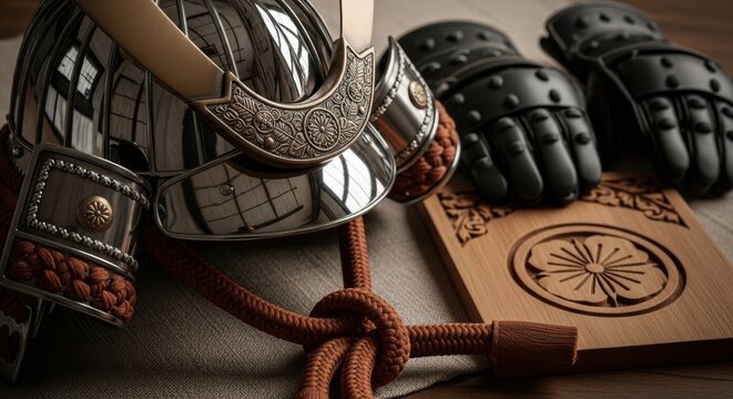 Detailed Still Life of a Samurai Helmet Gloves and Wooden Crest Showcasing Japanese Heritage