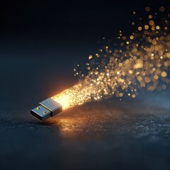 Radiant USB Flash Drive Emitting Golden Digital Data Stream, Symbolizing Fast Connectivity and Innovation.