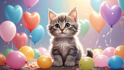Cute kitten surrounded by colorful balloons