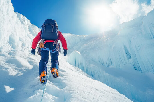 Alpinist ascending frozen waterfall during ice climbing expedition