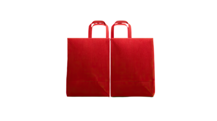 Two identical, bright red, paper shopping bags, oriented vertically, and positioned against a black background.  The bags are simple, with top handles, and appear to be a flat, folded design
