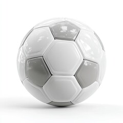 Obraz premium A grayscale soccer ball with glossy panels rests on a plain white background, subtly reflecting light