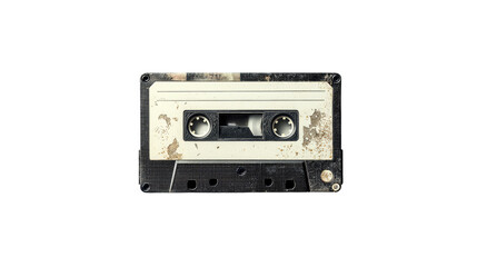 Obraz premium A heavily soiled audio cassette tape. Gray plastic case, black sides, tape is visibly dirty. Isolated on black