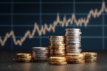 Rising Coin Stacks Mirroring an Upward Trending Financial Market Graph.
