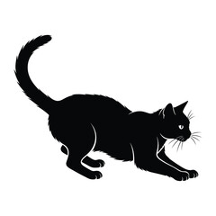 Shadow Play: A stylized, minimalist illustration of a sleek black cat in a poised, ready-to-pounce stance, showcasing its elegant silhouette and poised readiness.