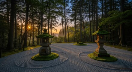 Enchanting sunrise view of serene Ryoan-ji zen garden with stone lanterns and raked sand