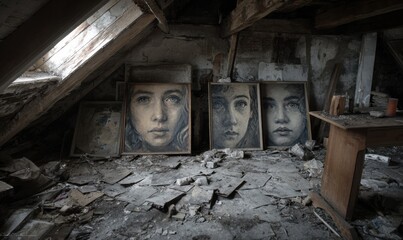 Decayed attic room with portraits