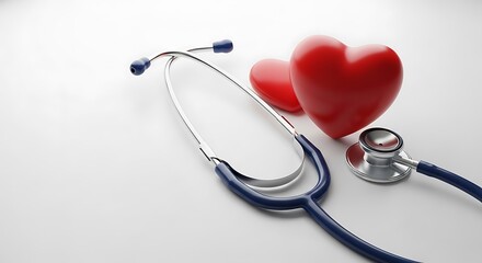 A stethoscope and two red heart symbols are arranged on a white surface, symbolizing health and medical care.