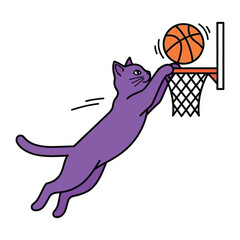 Slam Dunking Cat: An animated feline shows exceptional athleticism by slam dunking a basketball, showcasing a fun illustration of skill and playfulness. © Rahimatul