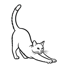 Playful Cat Stretching: A simple yet elegant monochrome illustration captures a domestic cat mid-stretch, showcasing the fluid grace and playful spirit of the feline form. 