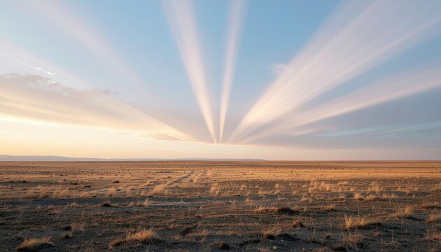 Anticrepuscular rays converging across a pale sky over an empty plain soft gradients expansive central copy space representing rare sky optics suitable for education travel and design
