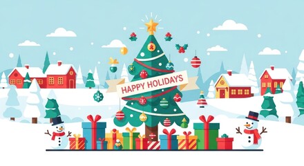 Fototapeta premium Festive Holiday Scene: A Cheerful Christmas Illustration with Snowmen and Gifts