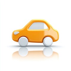 Shiny orange cartoon car icon with white wheels, reflecting on a white background
