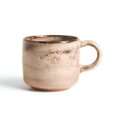 A sturdy, light beige ceramic mug with a dark brown rim and speckled, reactive glaze.  The mug has a simple, rounded handle