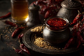 Rustic still life of traditional chili oil in antique metal pot with dried red peppers and coriander seeds on dark background