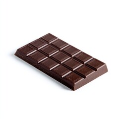 Fototapeta premium A dark brown rectangular chocolate bar, glossy, with twelve equally-sized sections, rests on a white background, casting a subtle shadow