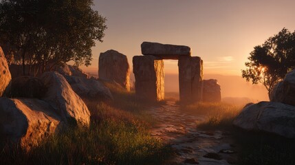 Mystical Stonehenge at Sunrise - Ancient Stones Bathed in Golden Light, Atmospheric Scene.