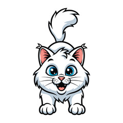Playful Kitten's Animated Charm: An endearing cartoon illustration of a cute white kitten with striking blue eyes, embodying joyful energy and whimsical delight.