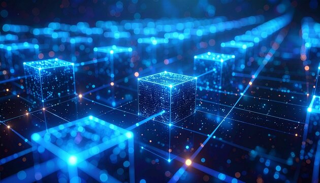 Luminous Technological Cubic Structure and Interconnected Network Nodes Illustration