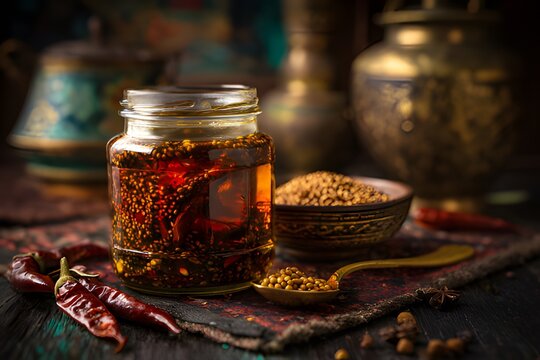 Rustic still life of traditional chili oil in antique metal pot with dried red peppers and coriander seeds on dark background - Powered by Adobe