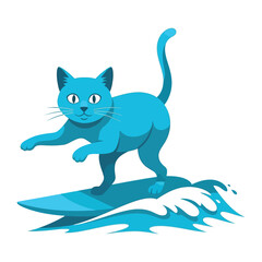 Surfing Cat: A whimsical illustration of a blue cat gracefully riding a wave, a symbol of adventure and the joy of the ocean.