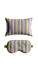 A sleep set featuring a pillow and eye mask.  Both items have a light-purple/lime green vertical striped pattern
