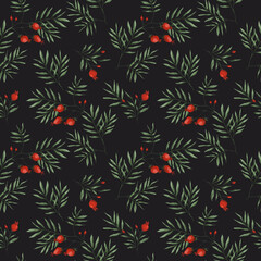 Floral seamless pattern berries and leaves on black background. Hand drawn botanical repeat print for textile, fabric, wallpaper, wrapping and design. 