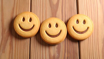 Three smiley face cookies on a wooden table