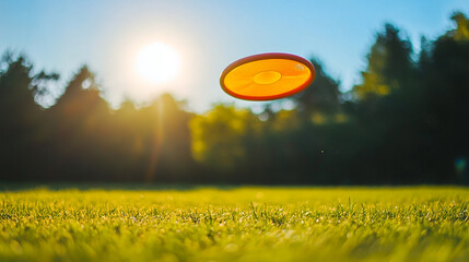 Flying Frisbee in the Sunlight: A vibrant orange frisbee soars through the air against a backdrop of sunlit trees and lush green grass, capturing the essence of play and outdoor activity.