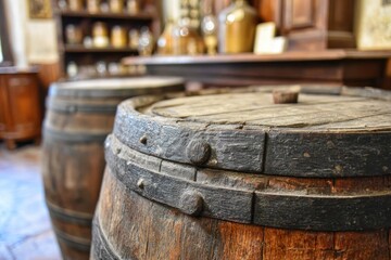 Two aged wooden barrels, close-up view, in a historical apothecary setting
