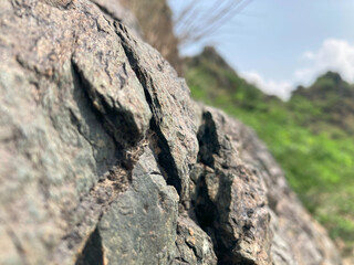 Textured grey stones and moss cover an old wall in the forest, with a blue sky above the high mountains