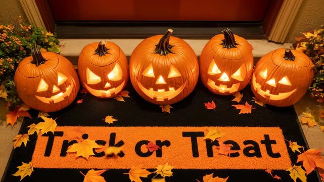 charming front porch decorated with pumpkins, lanterns, and autumn leaves, Trick or Treat text in bold festive lettering on doormat