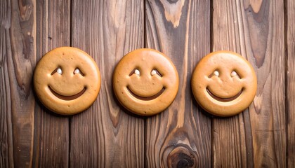Three smiling cookies on a wooden table
