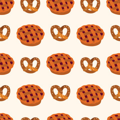 Seamless pattern with pies and pretzels. Cozy autumn design perfect for Thanksgiving, bakery, kitchen textiles, wrapping paper, festive decoration and holiday backgrounds.