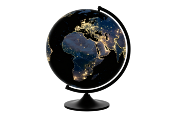 World globe illuminated at night showing continents and city lights