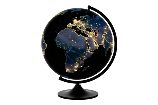 World globe illuminated at night showing continents and city lights