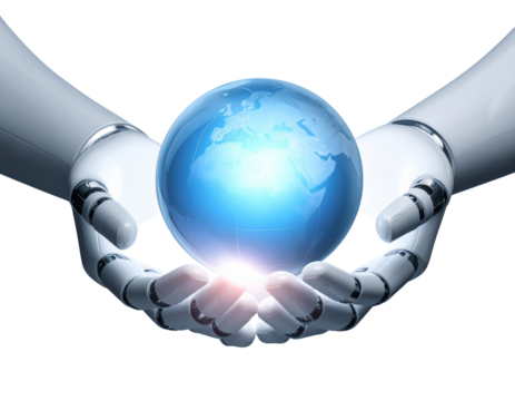 Elegant robotic hands holding reflective transparent earth globe isolated on transparent background PNG