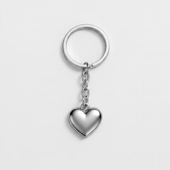 Sleek silver keychain with a single heart charm, showcasing realistic metal texture and elegant reflections on a minimalist white background. Ideal for luxury gift or accessory marketing.