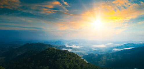 Panorama of beautiful sunrise at Doi Ang Khang, Chiang Mai, Thailand